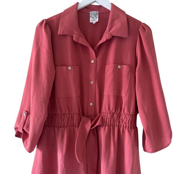 Naïf red rust midi-length dress collared neckline button-front closure 3/4 lengt - Picture 3 of 11